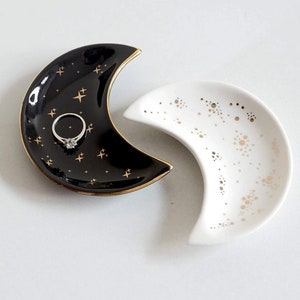 Ceramic Crescent Moon Shape Small Jewelry Dish Black, White, Blue