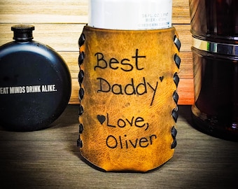 Personalized Leather Can Cooler: Laser Engraved Coozie, Father's Day Gift