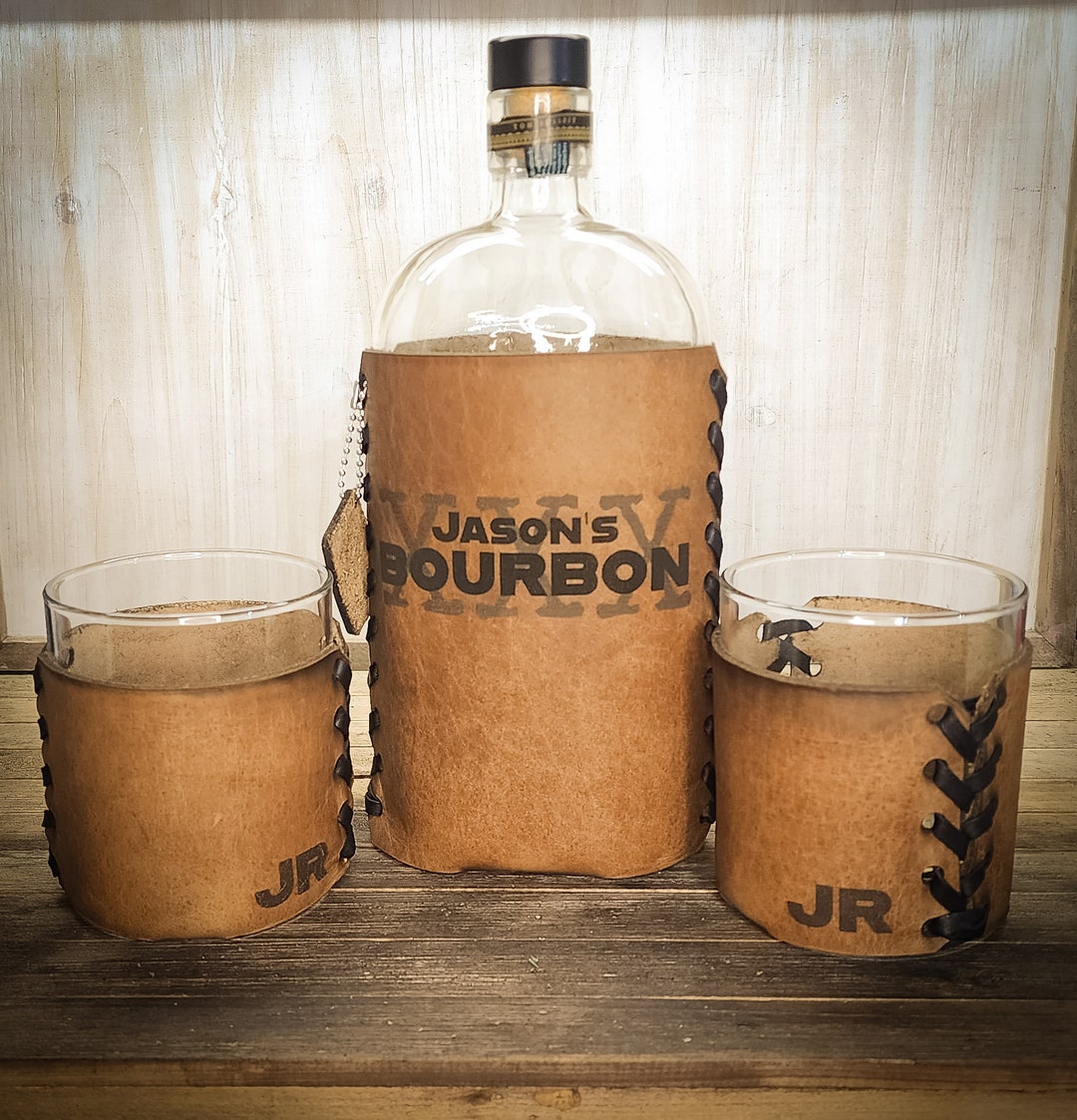 Leather Whiskey Set Wrap Personalized and Custom Fit to Any Bottle - Gifts for Bourbon Lovers ...