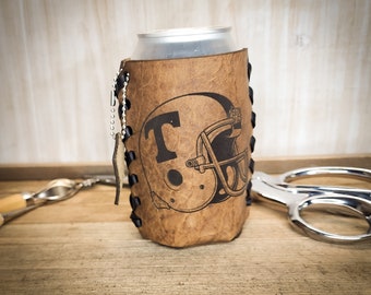 Personalized Leather College Football Can Cooler: Laser Engraved Gift