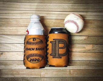 Personalized Leather Baseball Can Cozie, Custom drink cooler