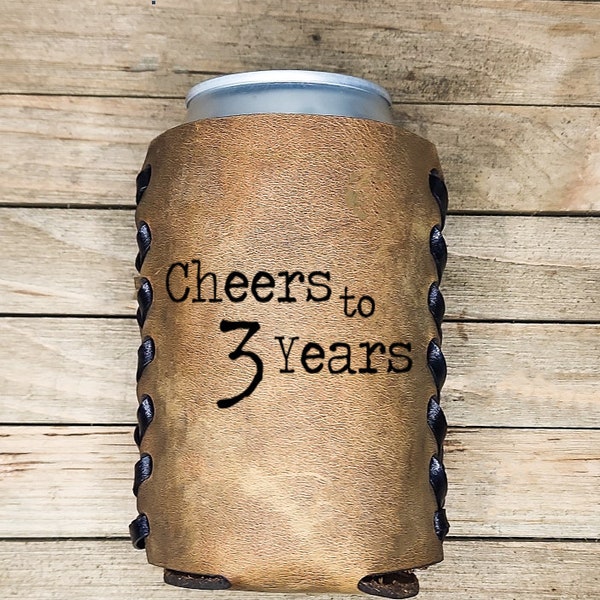 Premium leather 3 year anniversary Beer can cooler for men |  3 year wedding anniversary gift for husband | Wedding beer can coolers