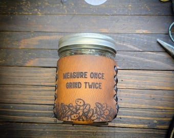Personalized Leather Mason Jar Drink Sleeve (12 oz glass included), Custom Engraved Jar Holder
