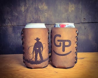Rustic leather drink holder personalized cow hide can cooler