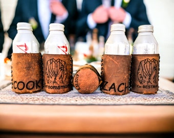 Custom Leather Groomsmen Can Coozies: Personalized Wedding Favors