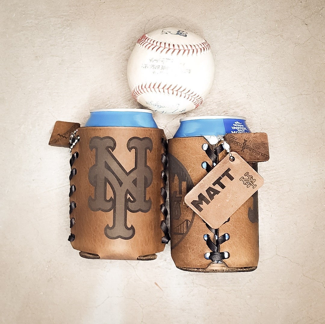 New York Mets Personalized Leather Drink Holder, NY Mets Beer Can Cozie