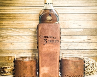 Personalized Leather Whiskey Set – 3rd Anniversary Gift with Wedding Date