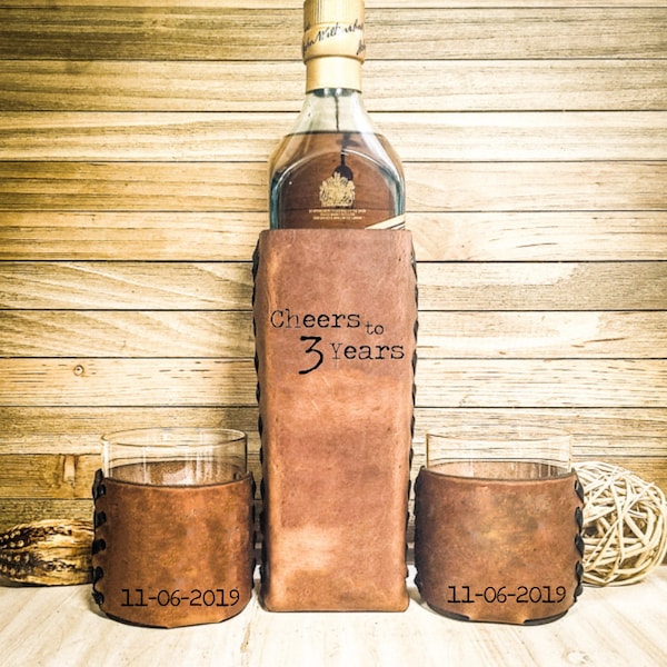 Personalized 3 Year Wedding Anniversary Leather Whiskey Set, Custom Engraved Leather Whiskey Set for 3 Year Anniversary, Mens anniversary