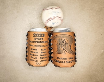 Personalized Leather Baseball Can Cooler, Opening Day Gift