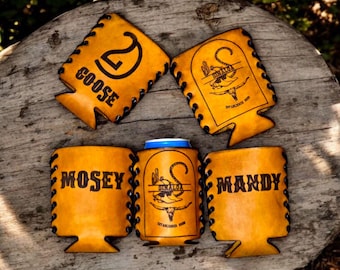 Country Wedding Custom Can Cooler handcrafted from genuine leather