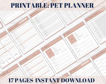 May include: Printable pet planner with 17 pages. The pages include sections for pet profiles, vet visit logs, expense trackers, training trackers, and daily feeding schedules. The pages are designed with a light pink and white color scheme.