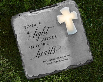 Personalized Memorial Garden Stone - Engraved Sympathy Garden Marker - Condolences - Solar Cross Memorial Garden Marker - Your Light Shines