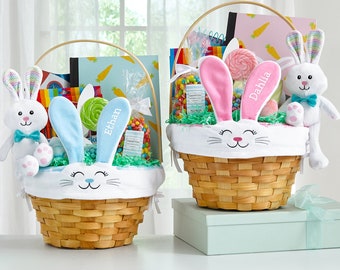 Personalized Easter Basket - Wicker Easter Basket - Embroidered Liner - Happy Bunny Basket - For Kids - Available in Blue or Pink