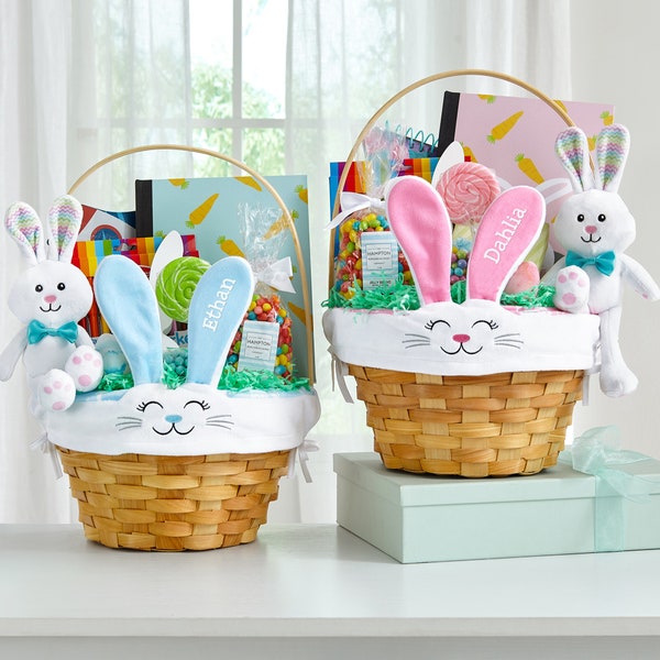 Personalized Easter Basket - Wicker Easter Basket - Embroidered Liner - Happy Bunny Basket - For Kids - Available in Blue or Pink