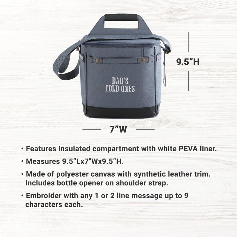 Pu&ograve; includere: Una borsa termica blu con manico e tracolla neri. Misura 9,5 pollici di altezza, 7 pollici di larghezza e 9,5 pollici di profondit&agrave;. La borsa ha una fodera bianca in PEVA ed &egrave; realizzata in tela di poliestere con rifiniture in pelle sintetica. Include un apribottiglie sulla tracolla. La borsa ha il testo "DAD'S COLD ONES" ricamato sul davanti.