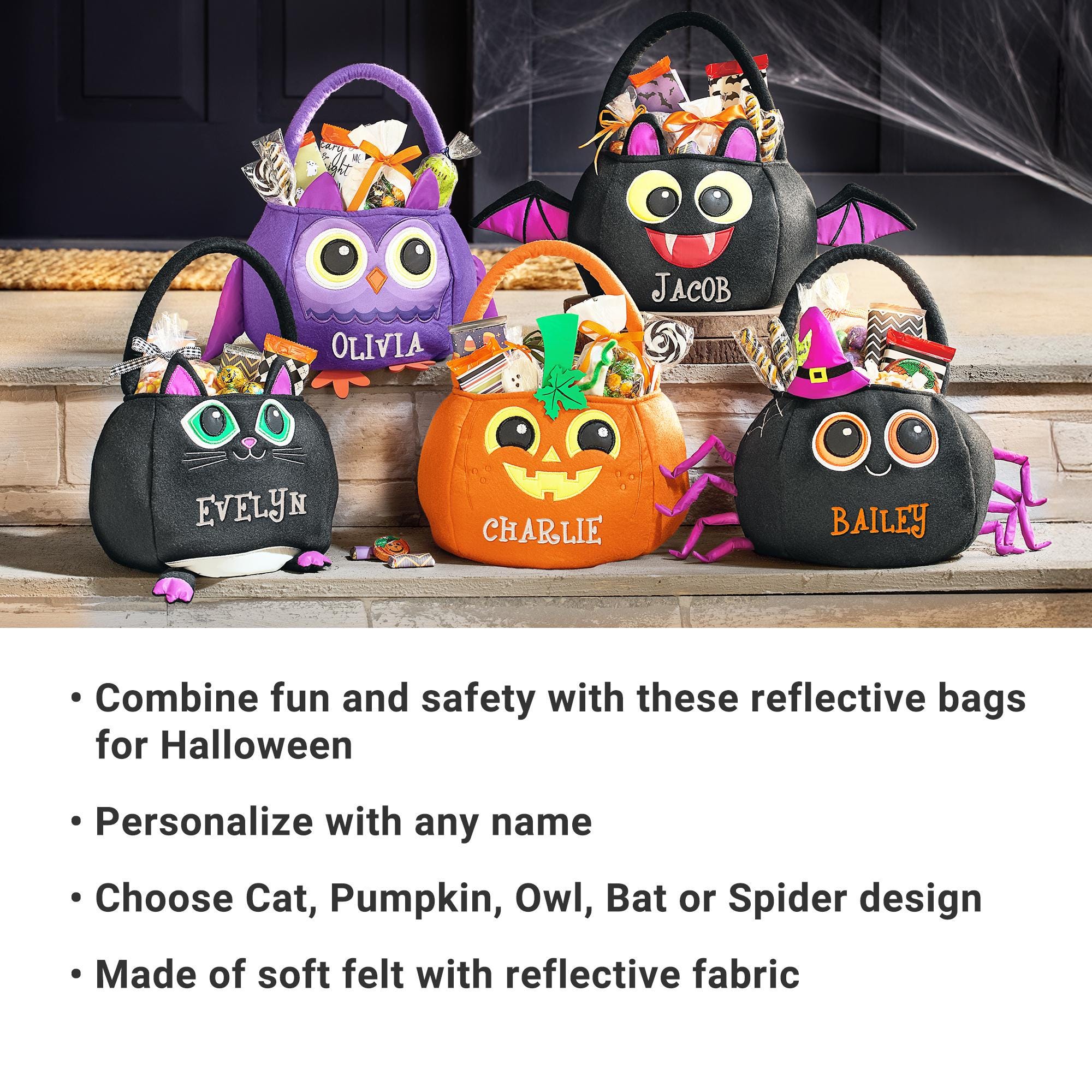 Personalized Reflective Halloween Treat Bag - Trick-or-Treat Bag - For Kids - For Girls - For Boys - 8" Hx6 D - Available In 5 Designs