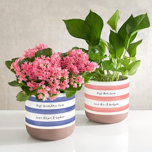 May include: Two ceramic planters with plants. One planter has pink flowers and blue and white stripes with the text "Best Grandma Ever" and "Love Chloe & Sophia". The other has green leaves and pink and white stripes with the text "Best Mom Ever" and "Love Mia & Hudson".