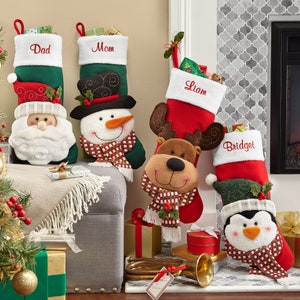 Personalized Stitched Swirl Christmas Stockings - 3-D Plush Character - Choose From 3 Characters - Christmas Décor - Custom Embroidered Name