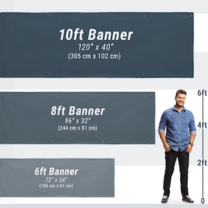 May include: Three gray banners of varying sizes are displayed. The largest banner reads "10ft Banner" and measures 120" x 40" (305 cm x 102 cm). The middle banner is labeled "8ft Banner" at 96" x 32" (244 cm x 81 cm). The smallest banner is "6ft Banner" at 72" x 24" (183 cm x 61 cm).