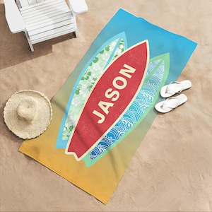 Personalized Beach Towel - Surf Board Beach Towel - Surfs Up Beach Towel - Customized Pool Towel - For the Surfer - Available in 2 Sizes