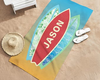 Personalized Beach Towel - Surf Board Beach Towel - Surfs Up Beach Towel - Customized Pool Towel - For the Surfer - Available in 2 Sizes