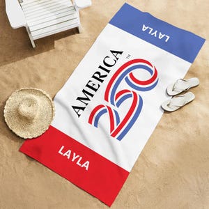Personalized Beach Towel - America250™ - Patriotic Red, White, and Blue - USA Birthday - 2 Sizes Available