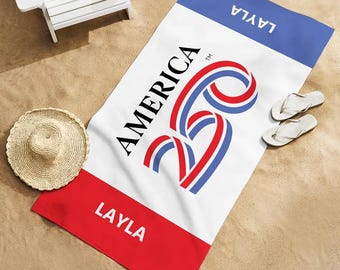 Personalized Beach Towel - America250™ - Patriotic Red, White, and Blue - USA Birthday - 2 Sizes Available