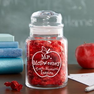 Personalized Teacher Apple Glass Candy Jar - Teacher Appreciation Gift - Personalized Gift For Teacher - Available With Or Without Candy