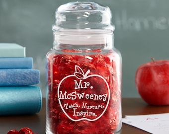 Personalized Teacher Apple Glass Candy Jar - Teacher Appreciation Gift - Personalized Gift For Teacher - Available With Or Without Candy