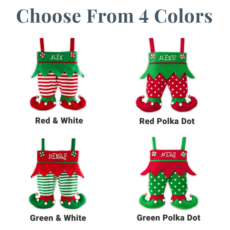 May include: Four Christmas stockings in the shape of elf legs are displayed. Each stocking has a different color scheme: red and white stripes, red polka dots, green and white stripes, and green polka dots. Each stocking is personalized with a name.