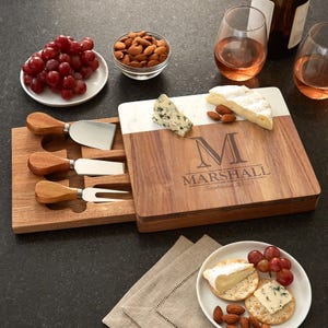 Personalized Cheese Board - Marble and Wood Cheese Server - Cheese Board With Utensils - Custom Charcuterie Platter - Choose From 2 Designs