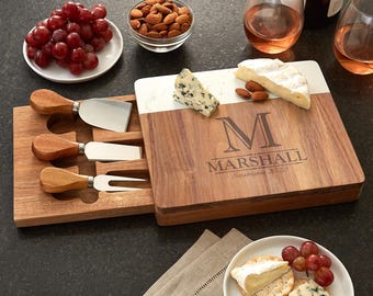 Personalized Cheese Board - Marble and Wood Cheese Server - Cheese Board With Utensils - Custom Charcuterie Platter - Choose From 2 Designs