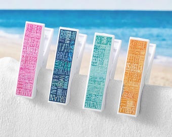 Personalized Beach Towel Clips Set of 2, Custom Name Chair Clips for Pool Lounge Chair, Beach Vacation Accessory, Family Trip Gift