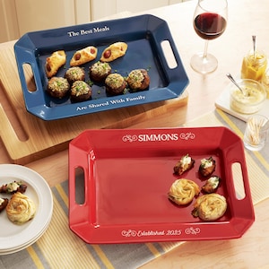May include: Two rectangular serving trays with handles. The blue tray has the text "The Best Meals Are Shared With Family". The red tray has the text "SIMMONS Established 2025".