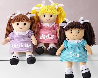 Personalized Rag Doll: Baby Sister Plush Toy - 3 Hair/Dress Colors