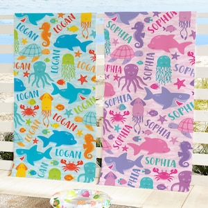 Personalized Beach Towel - Colorful Sea Life Design - Unique Pool Towel for Kids of All Ages - Available in 2 Sizes - Choose Blue or Pink