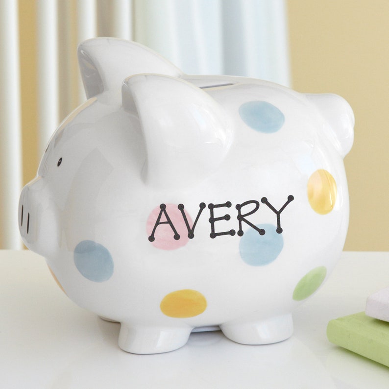 Personalized Polka Dot Piggy Bank - Ceramic Piggy Bank - Kids Piggy Bank - Savings Bank image 1