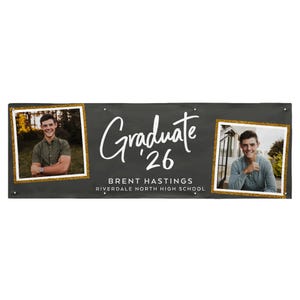 May include: A graduation banner with two framed photos of a graduate. The banner is dark gray with the word "Graduate '26" in white script. The graduate's name and school are also displayed.