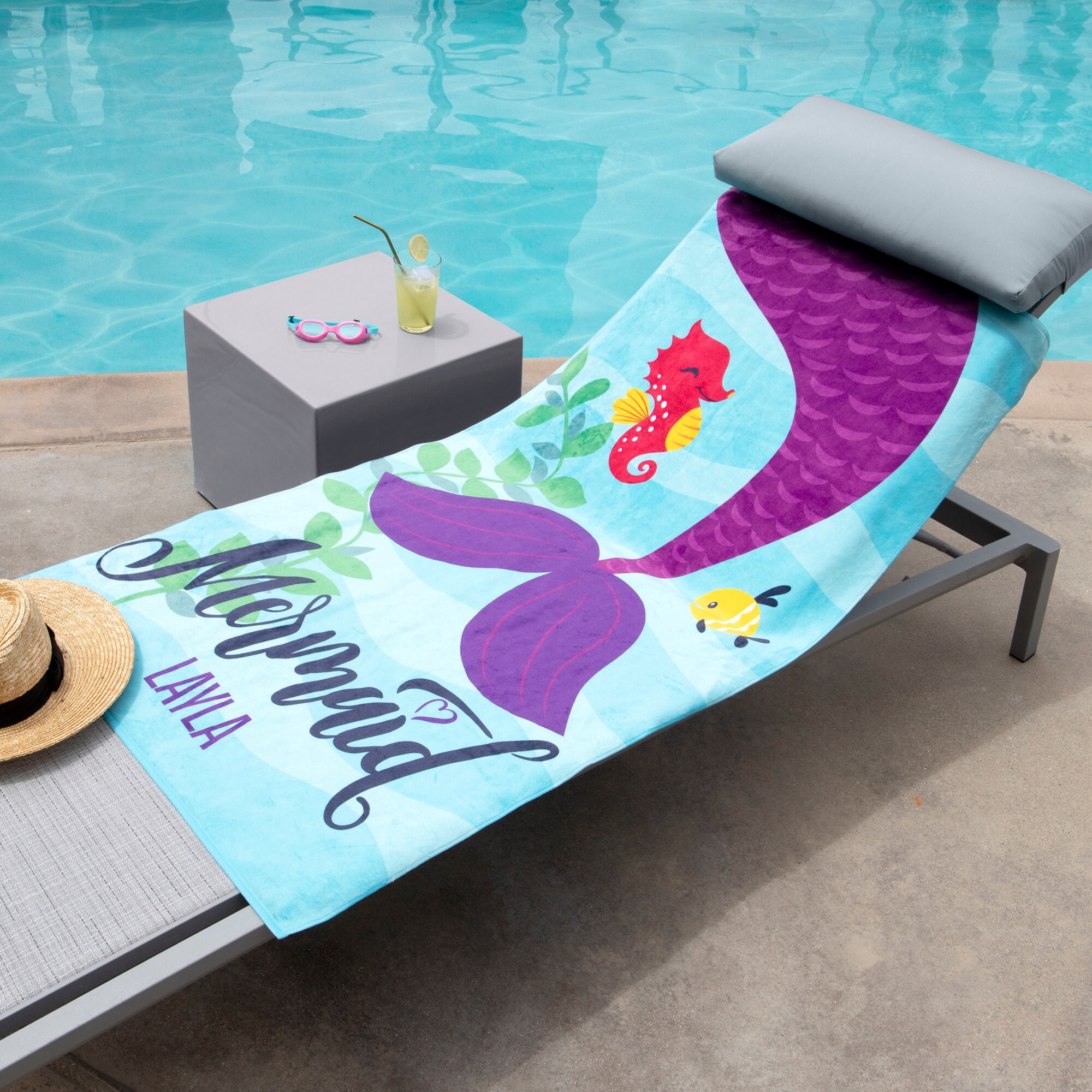 Personalized Mermaid Beach Towel Customized Towels for Pool For Girls Summer Fun 30”W x