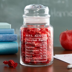 Personalized Teacher Facts Glass Candy Jar - Teacher Appreciation Gift - Personalized Gift For Teacher - Available With Or Without Candy