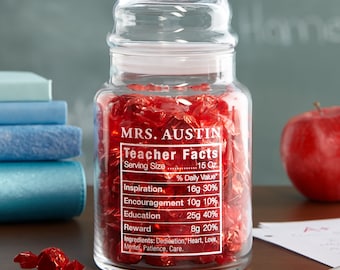 Personalized Teacher Facts Glass Candy Jar - Teacher Appreciation Gift - Personalized Gift For Teacher - Available With Or Without Candy