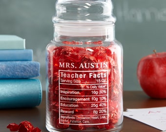 Personalized Teacher Facts Glass Candy Jar - Teacher Appreciation Gift - Personalized Gift For Teacher - Available With Or Without Candy