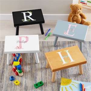 Personalized Children&#39;s Wood Step Stool - Elegant Name & Initial Design - Wooden Stool - Ages 3+ - Available In 2 Designs and 4 Wood Tones