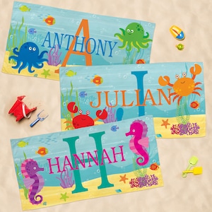 Personalized Kids Beach Towel - Fun Beach Designs - Gift For Girls Or Boys - Available In 3 Designs - Choose From 2 Sizes