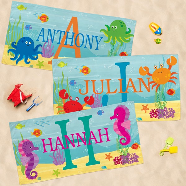 Personalized Kids Beach Towel - Fun Beach Designs - 30" W x 60" L - Gift For Girls Or Boys - Available In 3 Designs