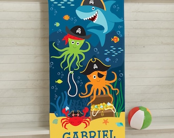Personalized Beach Towel for Kids - Colorful Sea Creature Pirates - Beach Towel For Boys - Choose from 2 Sizes