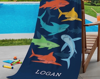 Personalized Beach Towel - Shark Beach Towel - Colorful Shark Towel - Kids Towel - Beach Towel for Boys - Available in 2 Sizes