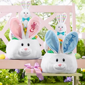 Personalized Fluffy Bunny Plush Kid's Easter Basket - Choose from Pink or Blue Gingham Plaid - Available With or Without Jelly Bean Bundle