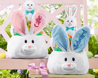 Personalized Fluffy Bunny Plush Kid's Easter Basket - Choose from Pink or Blue Gingham Plaid - Available With or Without Jelly Bean Bundle