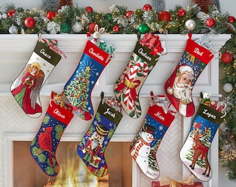 Personalized Needlepoint Vintage Stocking - Family Stockings - Old-Fashioned Christmas Décor - Custom Embroidered Name - 8 Designs Available
